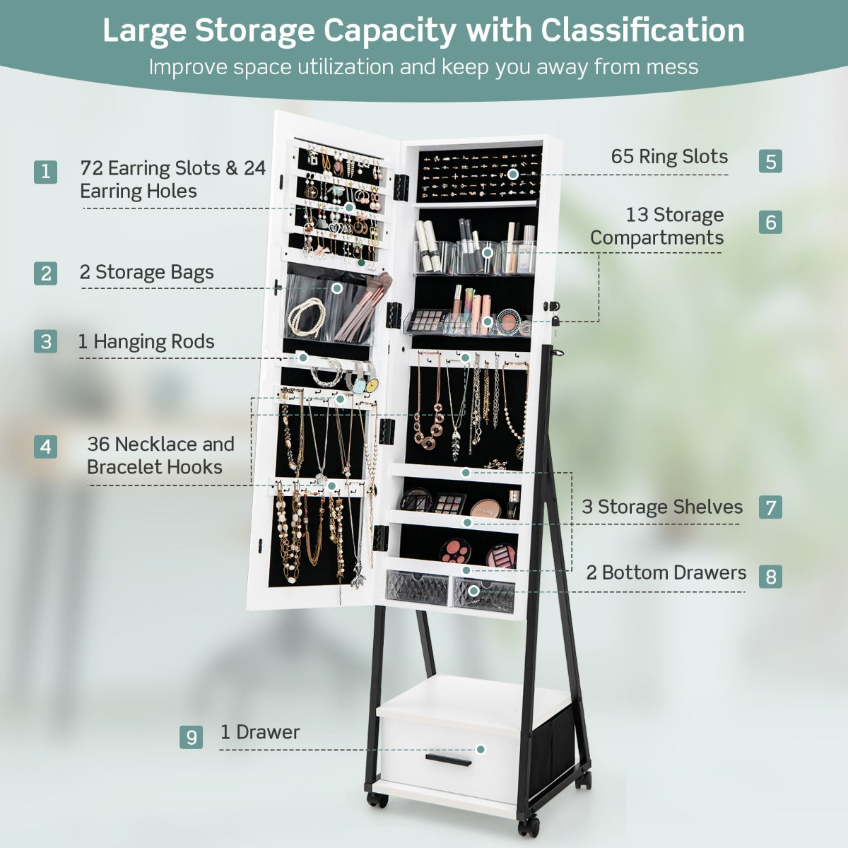 NNECW Mobile Standing Lockable Jewelry Cabinet with Full Length Mirror-White