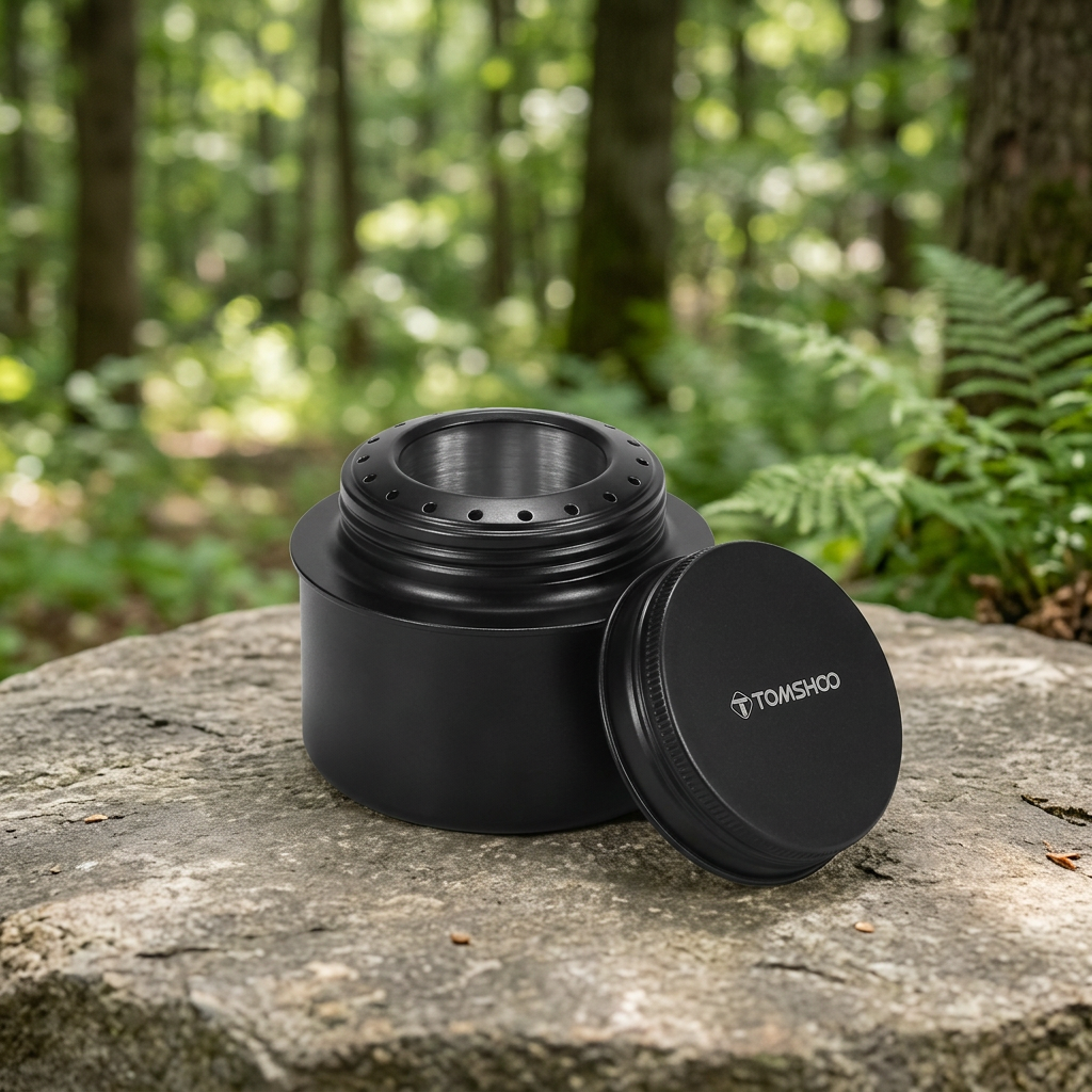 Portable mini alcohol stove with a forest background