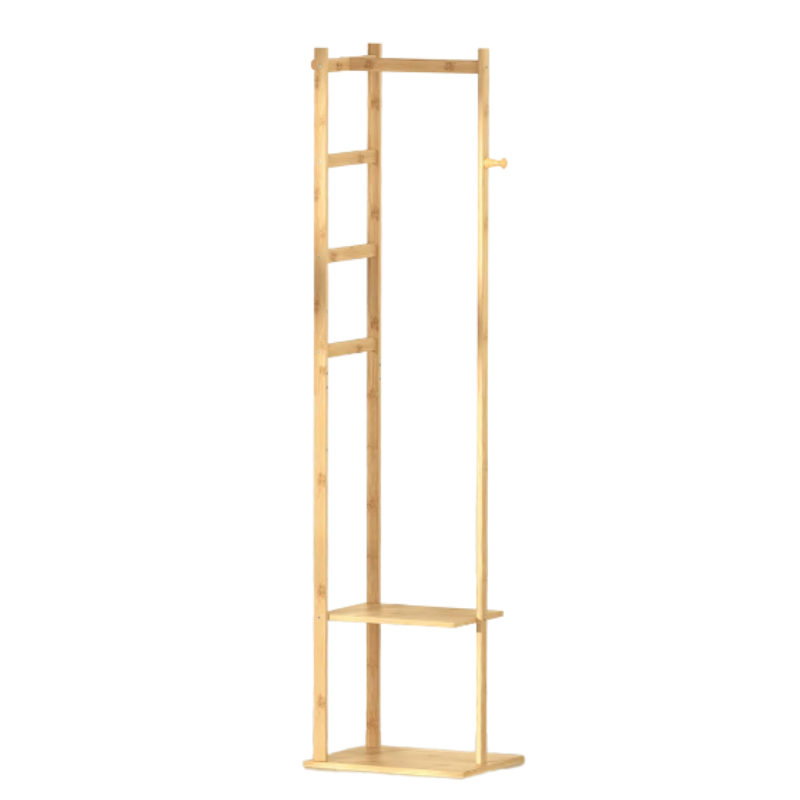 NNEOBA Yellow Bamboo Garment Rack with 2 Tier Shelves - Free-Standing Wooden Clothing Rack