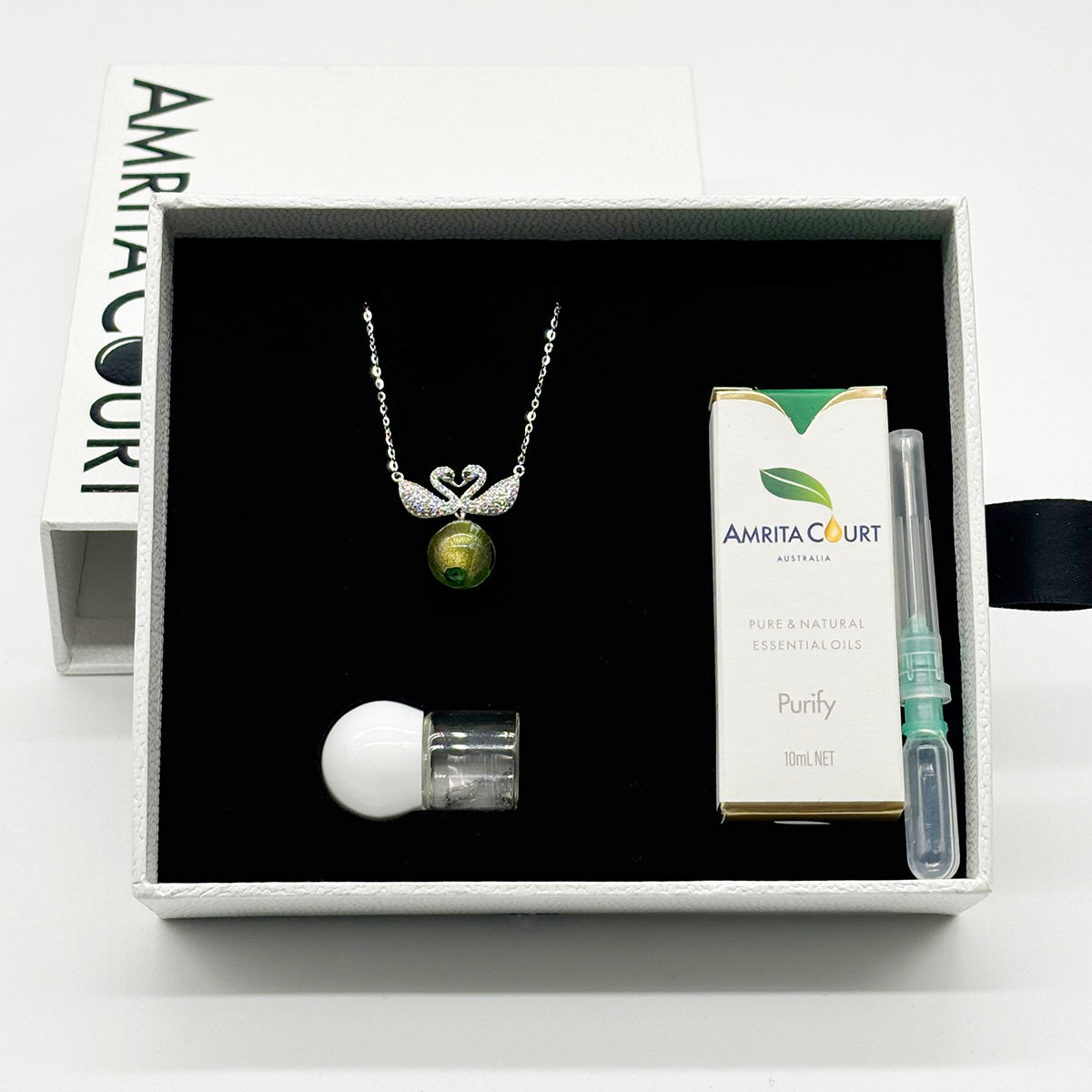 Sterling Silver Twin Swan Aroma Necklace - Gold Green | Energy &amp; Healing | Diffuse on the go