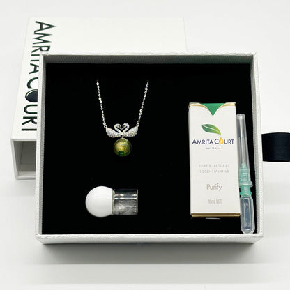Sterling Silver Twin Swan Aroma Necklace - Gold Green | Energy &amp; Healing | Diffuse on the go