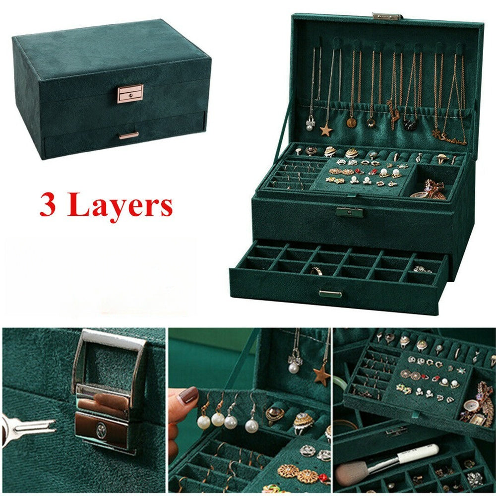 Luxury Dark Green Velvet Jewelry Box – 3-Layer Lockable Jewelry Organizer with Drawers