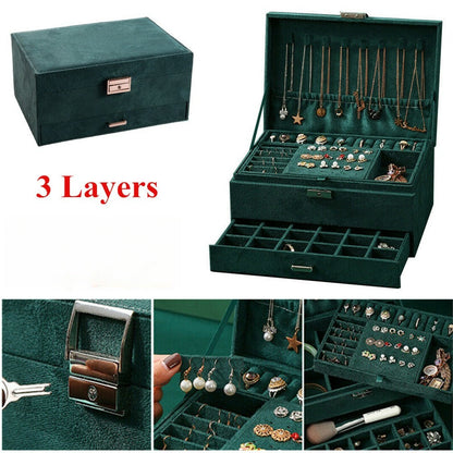 Luxury Dark Green Velvet Jewelry Box – 3-Layer Lockable Jewelry Organizer with Drawers