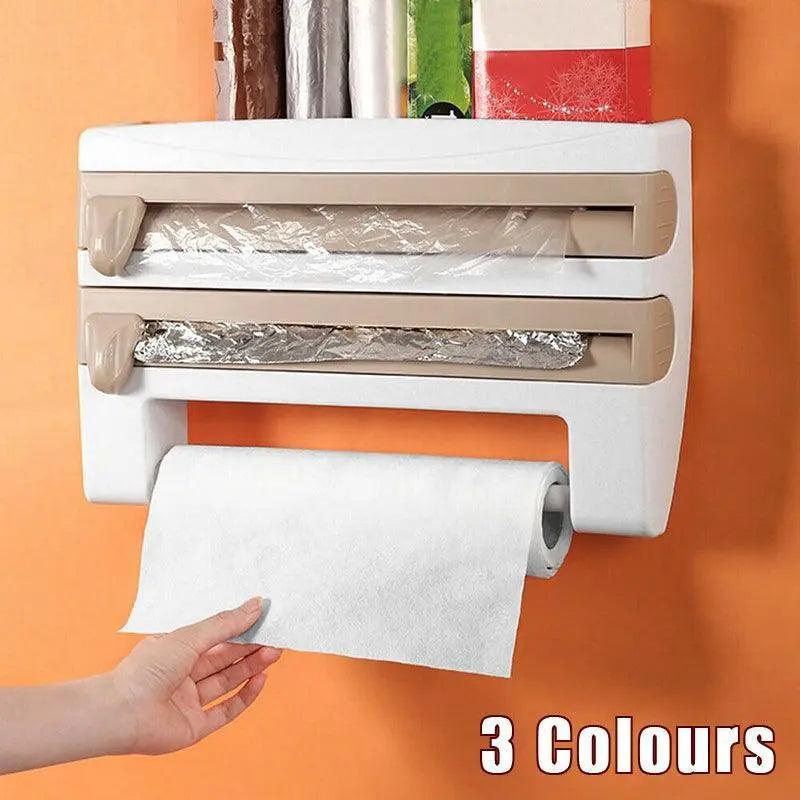 4In1 Wall Mount Kitchen Holder Foil Towel Roll Cling Wrap Rack Dispenser Cutter