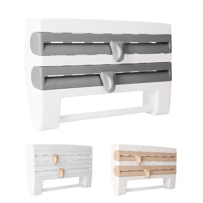 4In1 Wall Mount Kitchen Holder Foil Towel Roll Cling Wrap Rack Dispenser Cutter