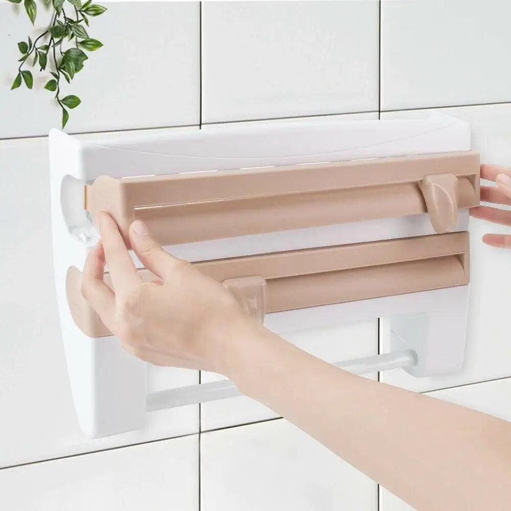 4In1 Wall Mount Kitchen Holder Foil Towel Roll Cling Wrap Rack Dispenser Cutter