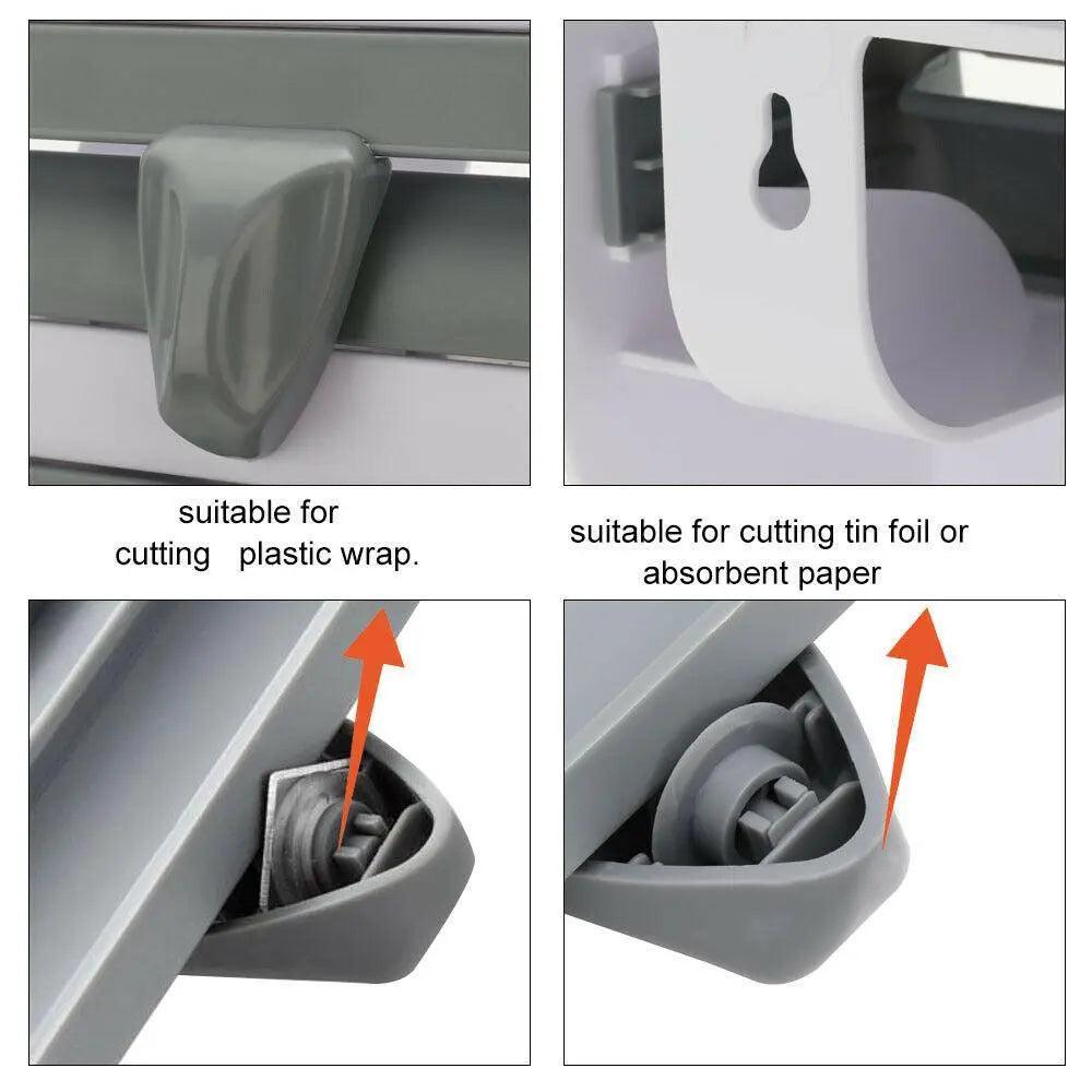 4In1 Wall Mount Kitchen Holder Foil Towel Roll Cling Wrap Rack Dispenser Cutter