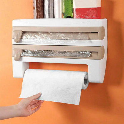 4In1 Wall Mount Kitchen Holder Foil Towel Roll Cling Wrap Rack Dispenser Cutter
