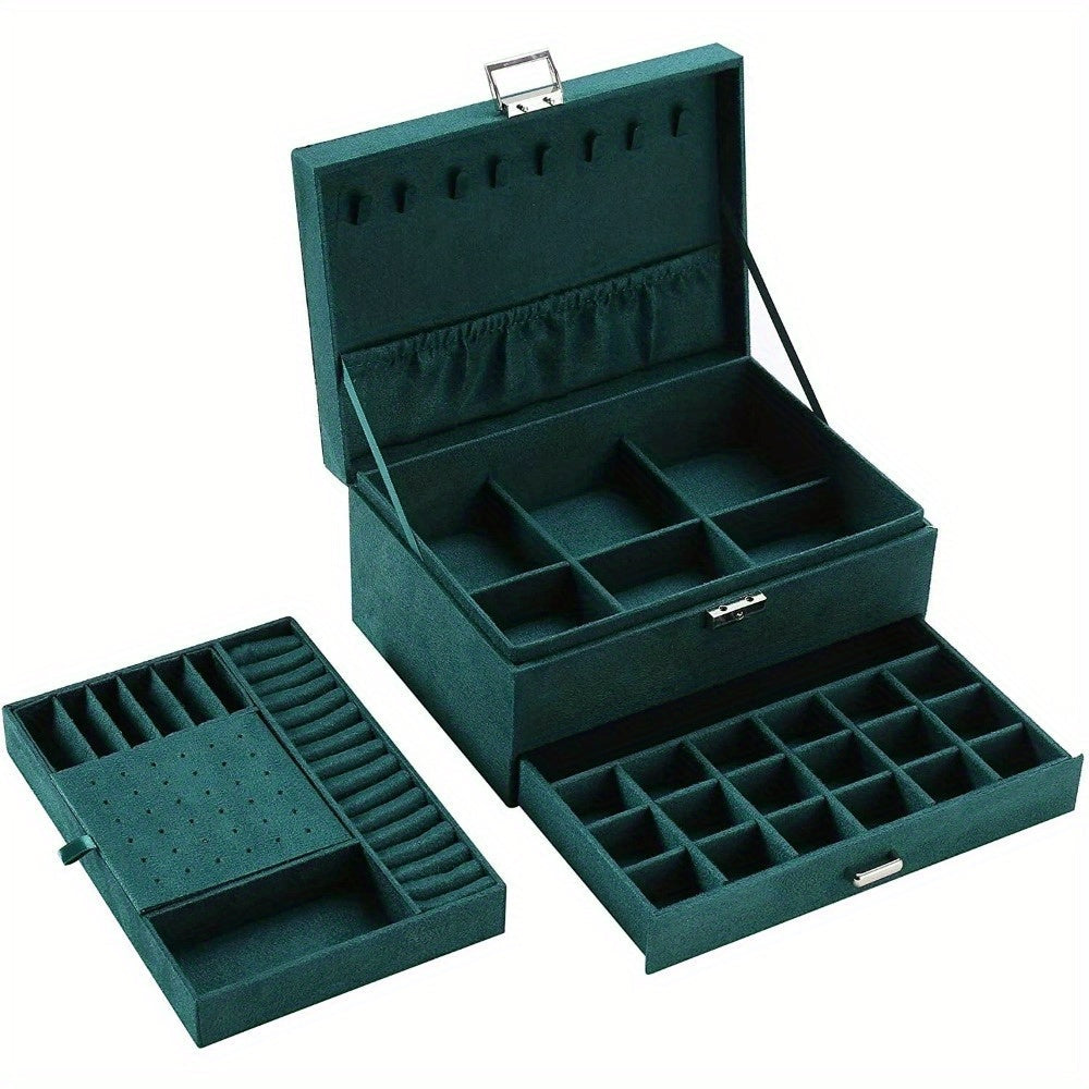 Luxury Dark Green Velvet Jewelry Box – 3-Layer Lockable Jewelry Organizer with Drawers