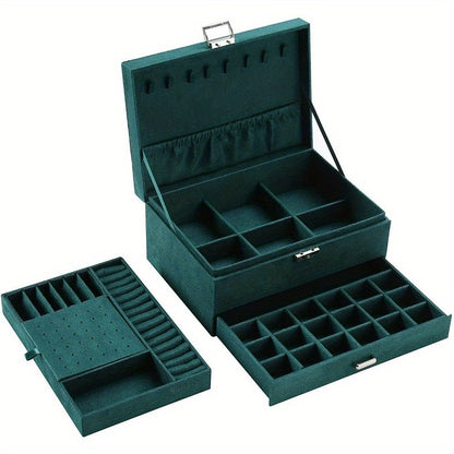 Luxury Dark Green Velvet Jewelry Box – 3-Layer Lockable Jewelry Organizer with Drawers