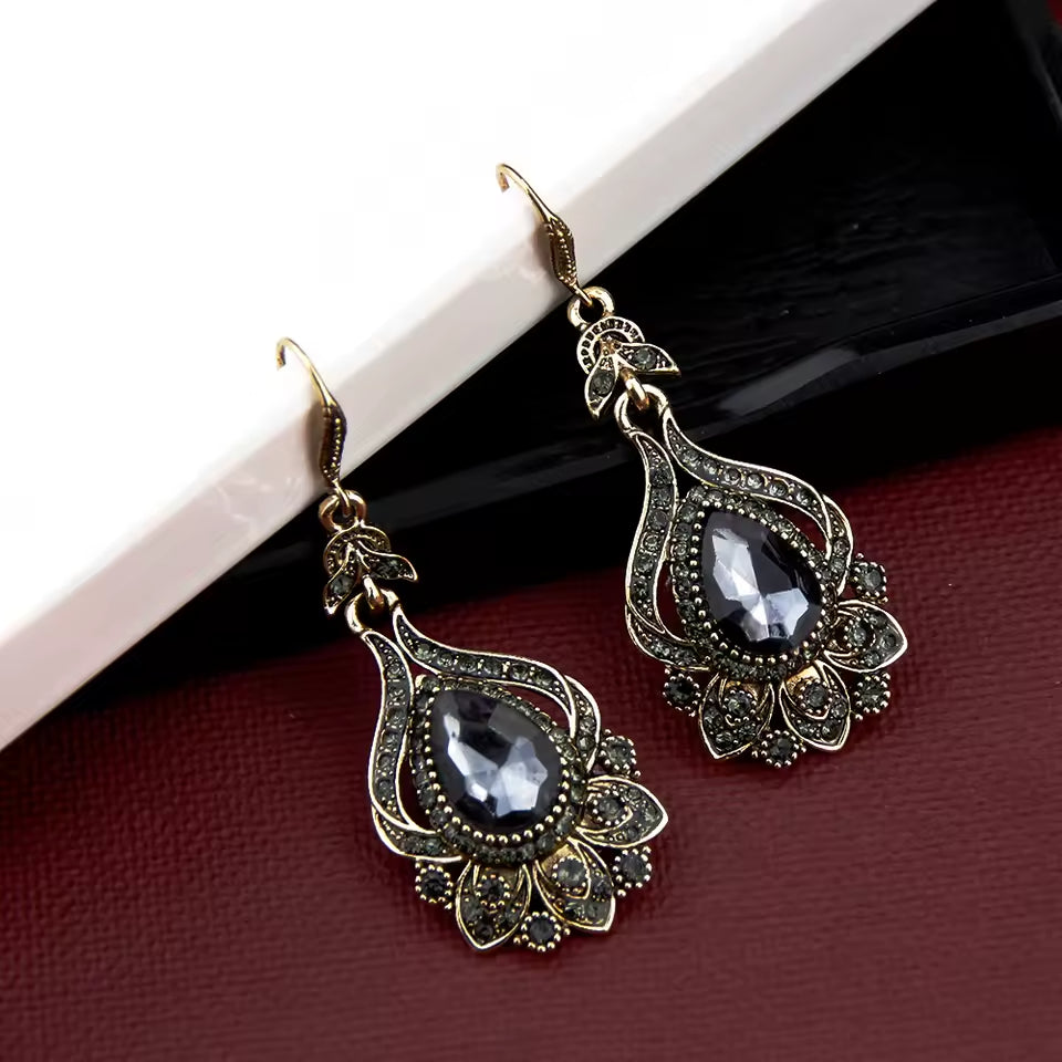 Vintage Antique Statement Dangle Black &amp; Bronze Boho Earrings