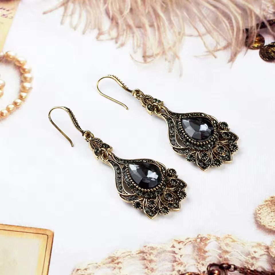 Vintage Antique Statement Dangle Black &amp; Bronze Boho Earrings
