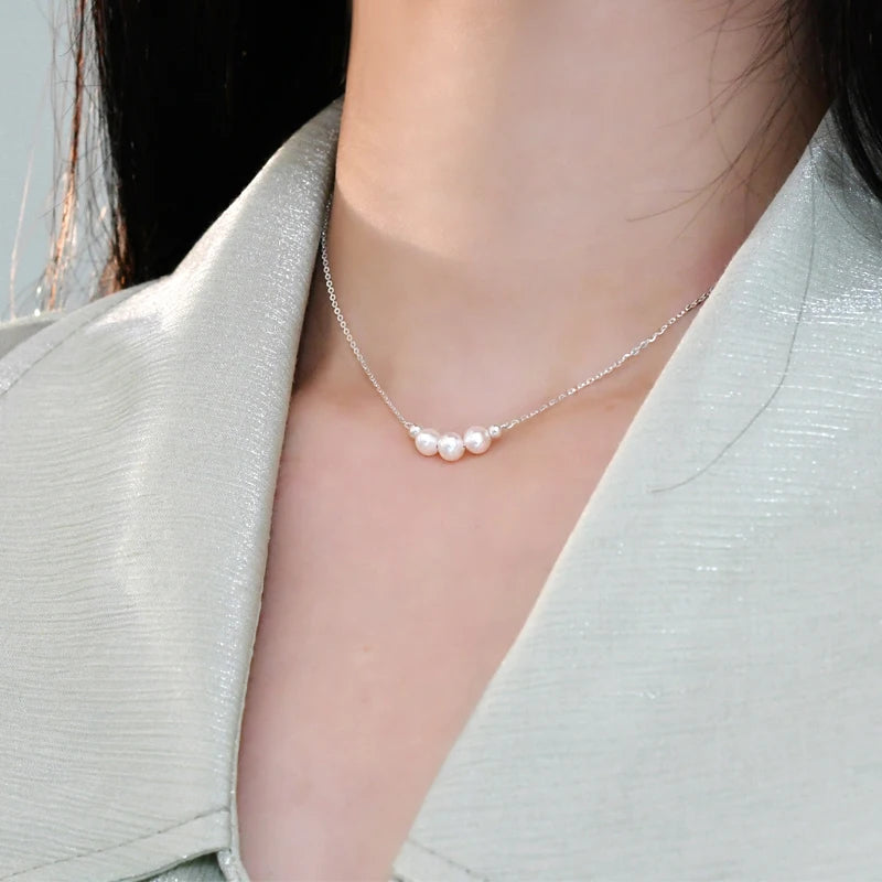 Genuine White Triple Freshwater Pearl Eternity Necklace in Silver