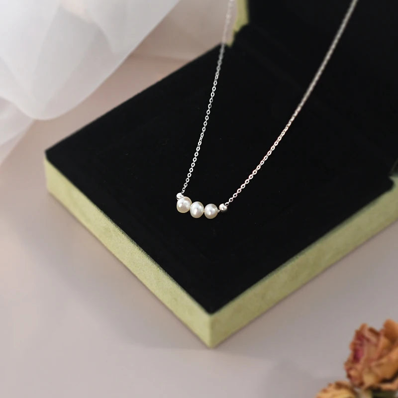 Genuine White Triple Freshwater Pearl Eternity Necklace in Silver