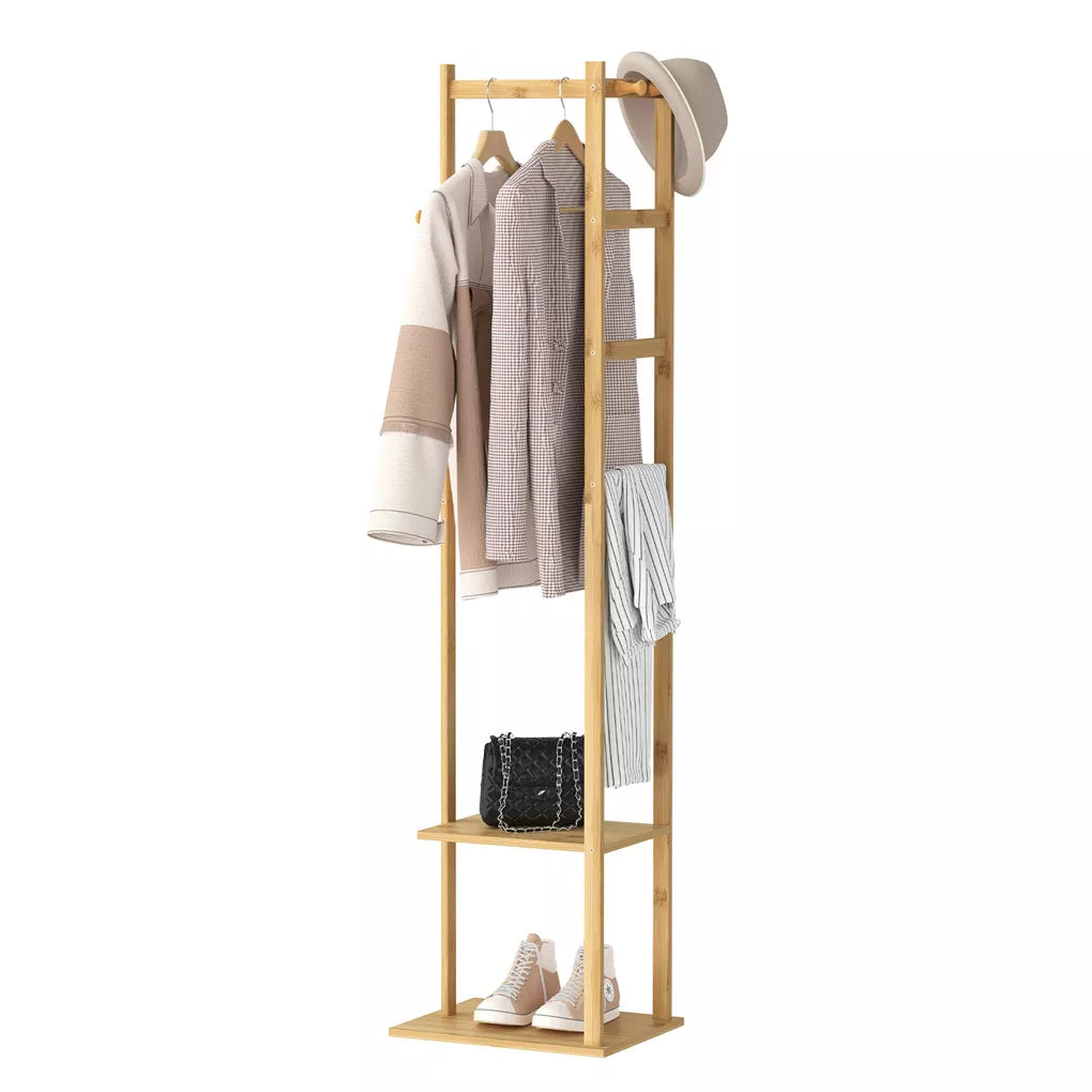 NNEOBA Yellow Bamboo Garment Rack with 2 Tier Shelves - Free-Standing Wooden Clothing Rack