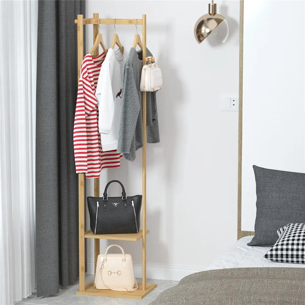 NNEOBA Yellow Bamboo Garment Rack with 2 Tier Shelves - Free-Standing Wooden Clothing Rack