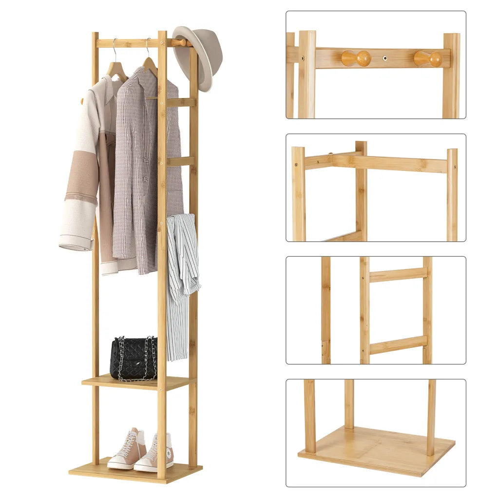 NNEOBA Yellow Bamboo Garment Rack with 2 Tier Shelves - Free-Standing Wooden Clothing Rack