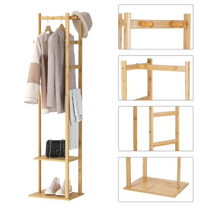 NNEOBA Yellow Bamboo Garment Rack with 2 Tier Shelves - Free-Standing Wooden Clothing Rack