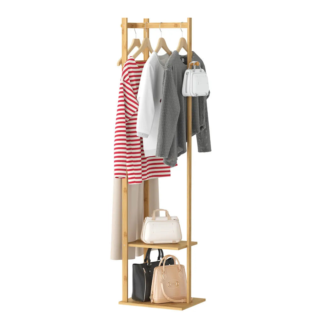 NNEOBA Yellow Bamboo Garment Rack with 2 Tier Shelves - Free-Standing Wooden Clothing Rack