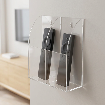 Clear acrylic remote holder mounted on a living-room wall