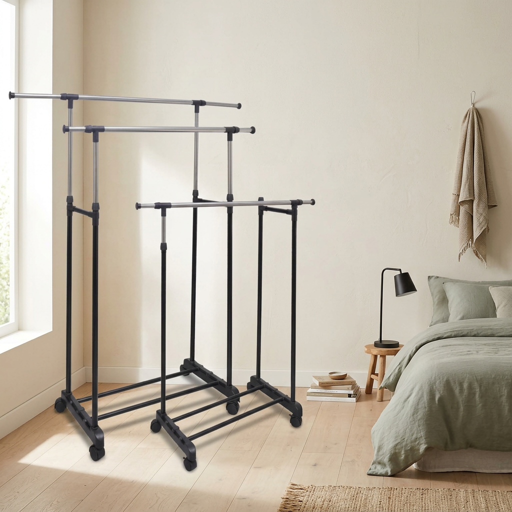 Clothes racks styled in an ivory and sage bedroom
