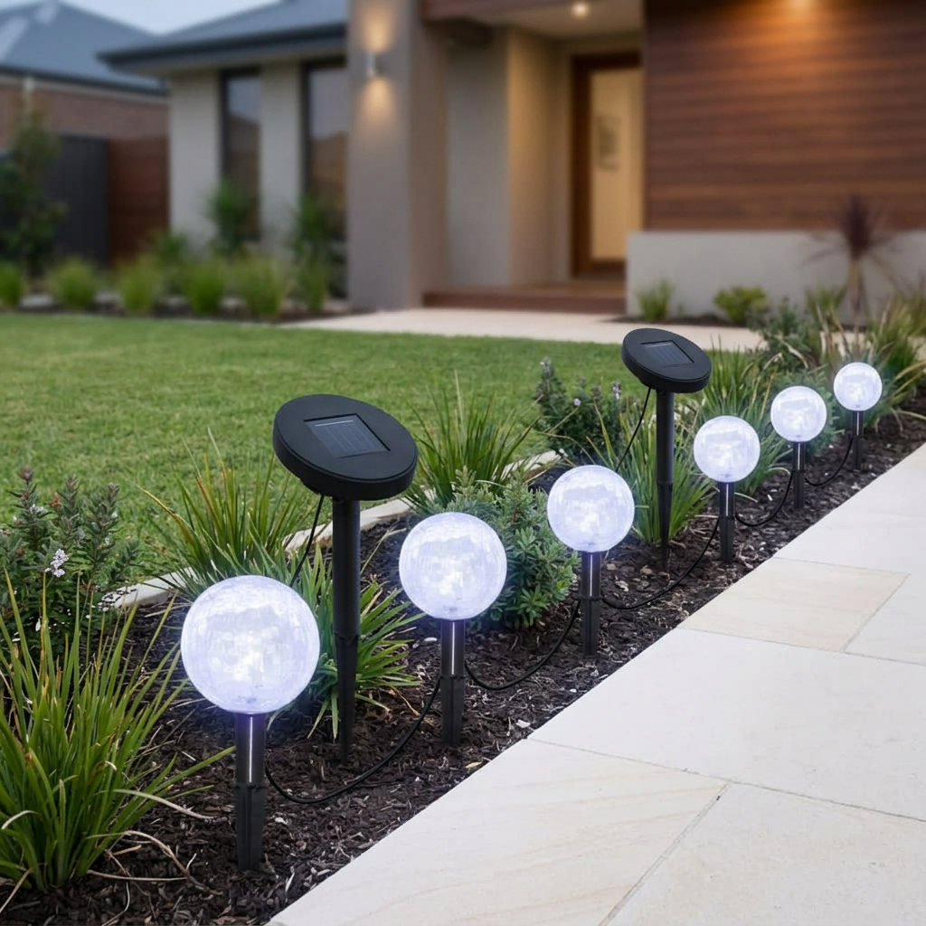 Garden lights along a tidy front-yard pathway