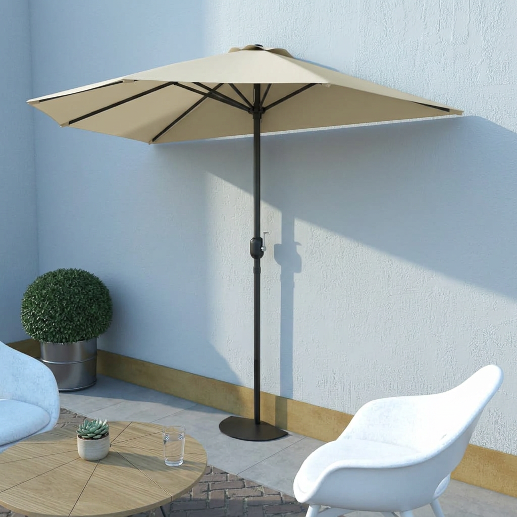 Half balcony parasol on a patio with the pole clear of the wall