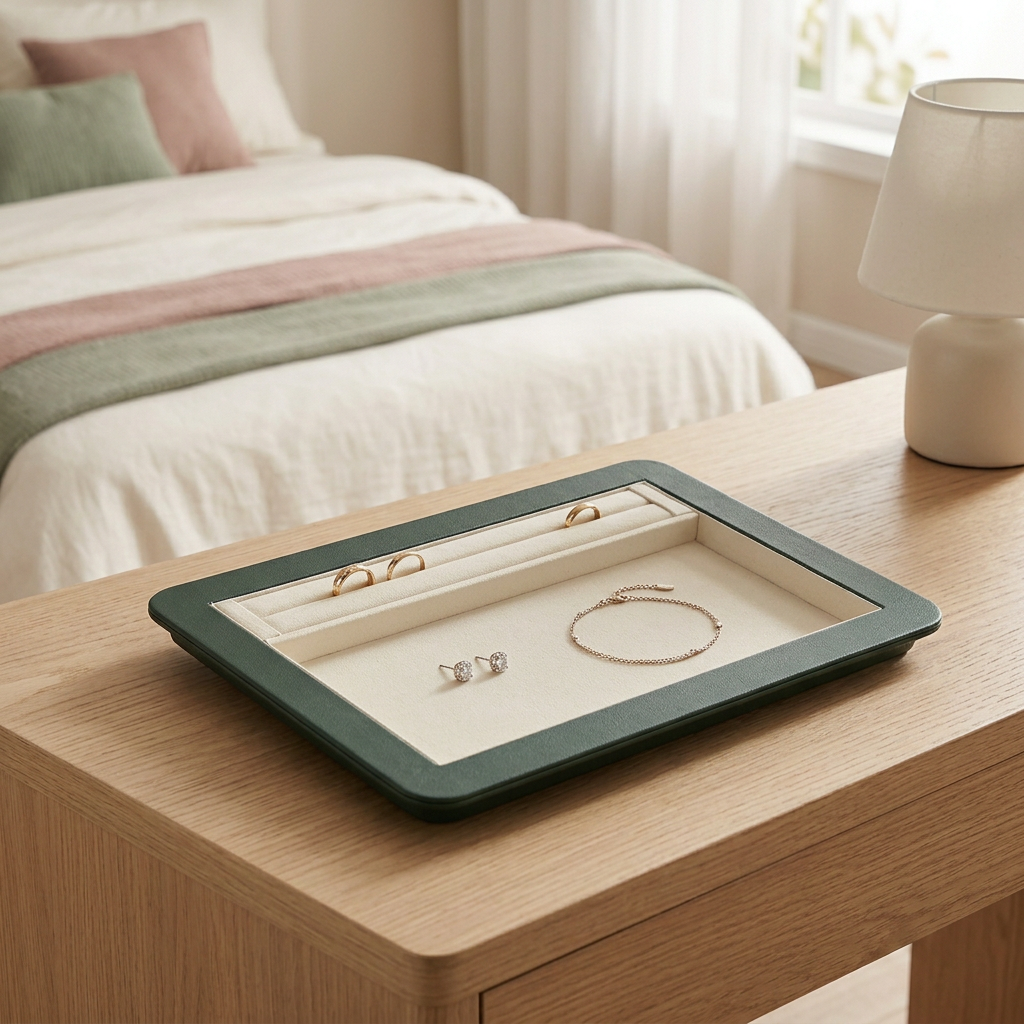 Jewellery tray styled with jewellery on a bedside table