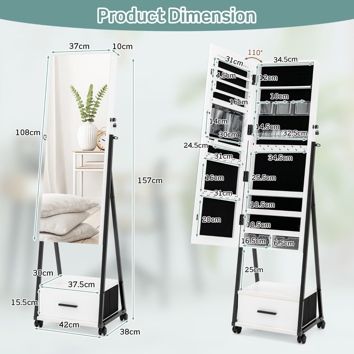 NNECW Mobile Standing Lockable Jewelry Cabinet with Full Length Mirror-White