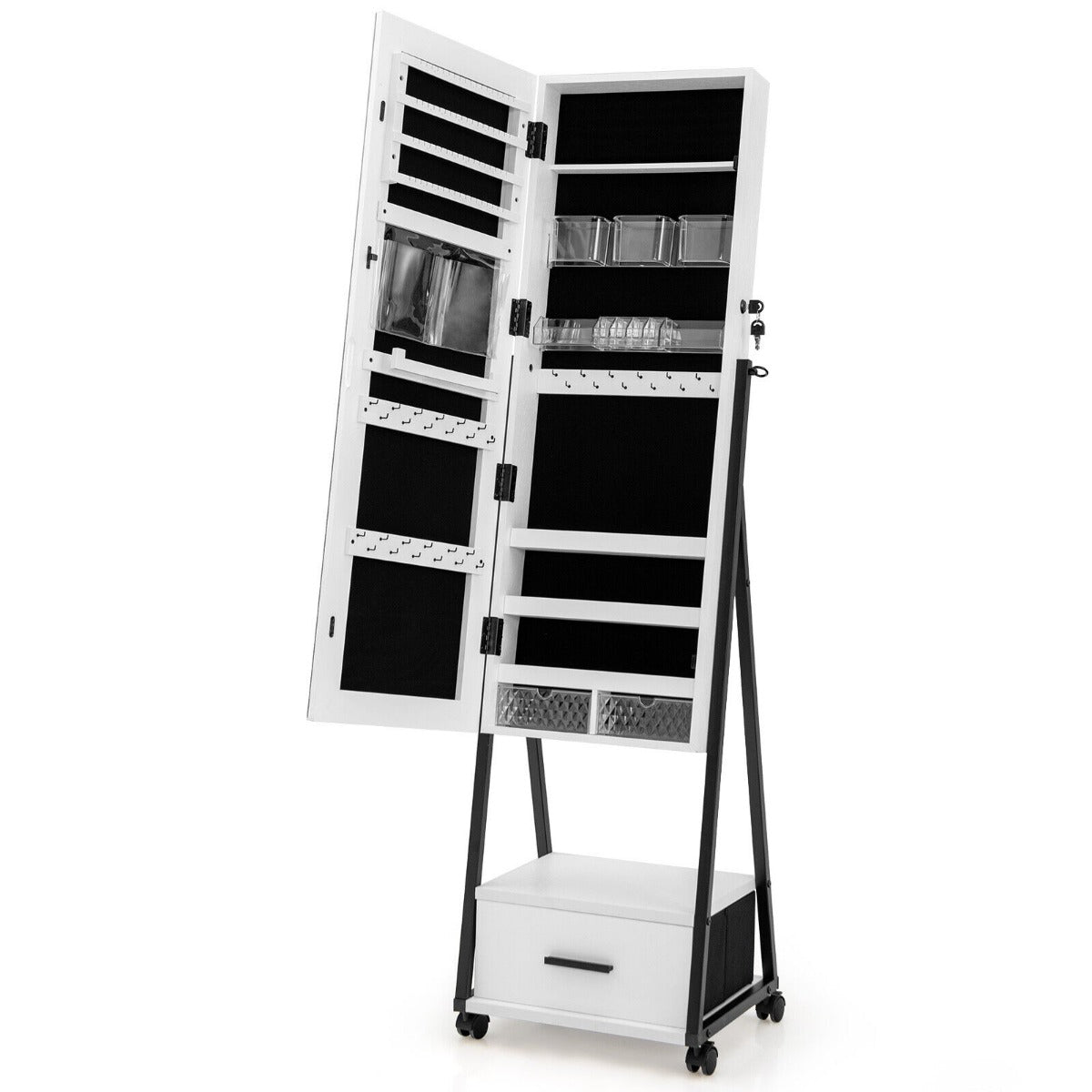 NNECW Mobile Standing Lockable Jewelry Cabinet with Full Length Mirror-White