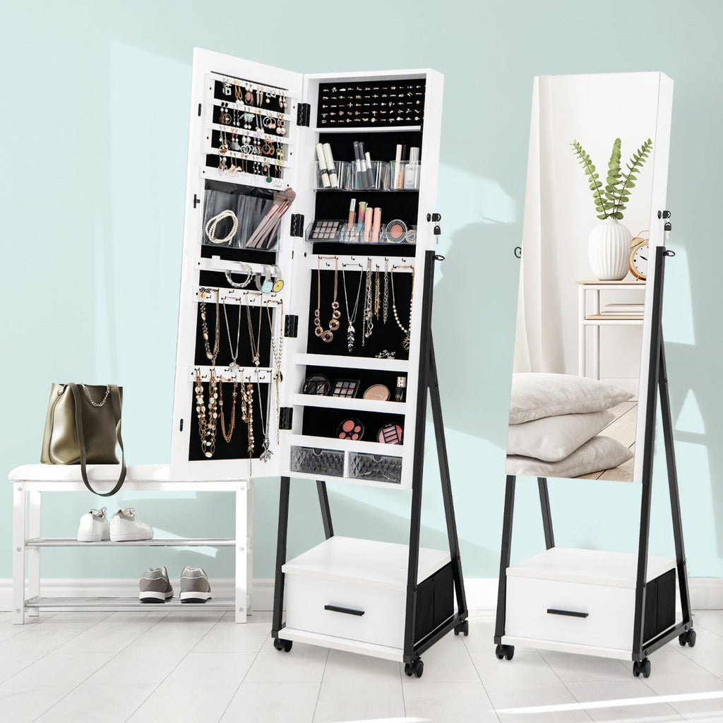NNECW Mobile Standing Lockable Jewelry Cabinet with Full Length Mirror-White