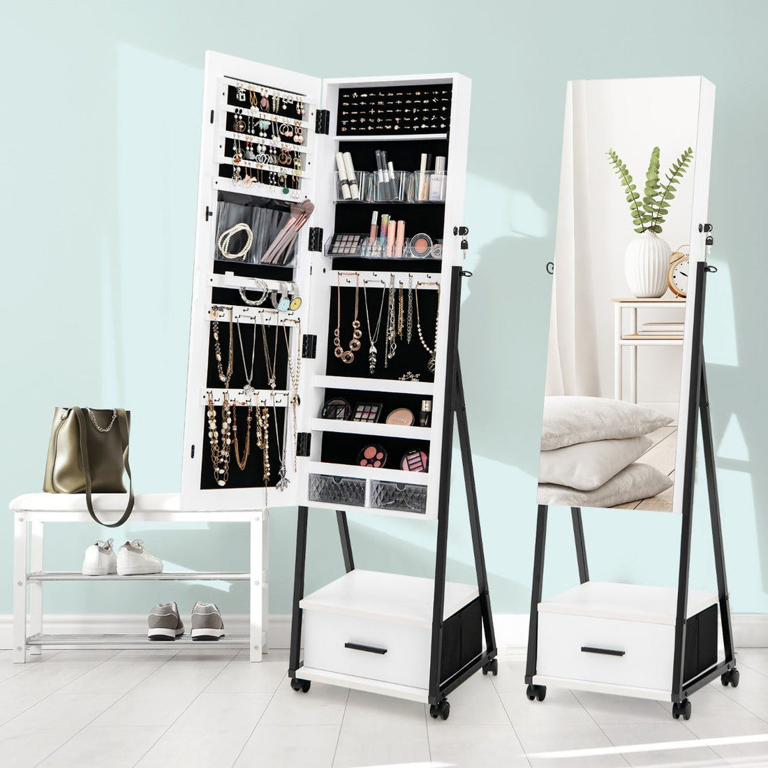 NNECW Mobile Standing Lockable Jewelry Cabinet with Full Length Mirror-White