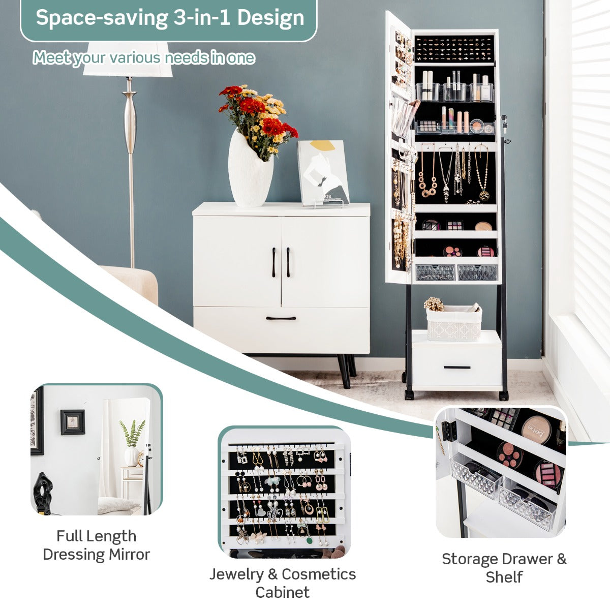 NNECW Mobile Standing Lockable Jewelry Cabinet with Full Length Mirror-White