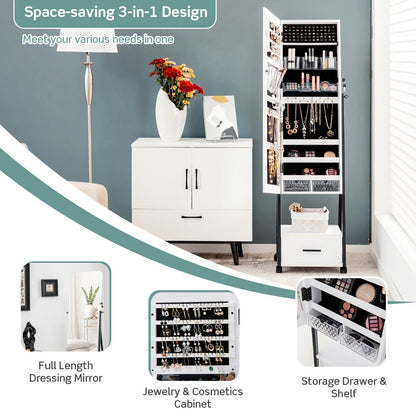 NNECW Mobile Standing Lockable Jewelry Cabinet with Full Length Mirror-White