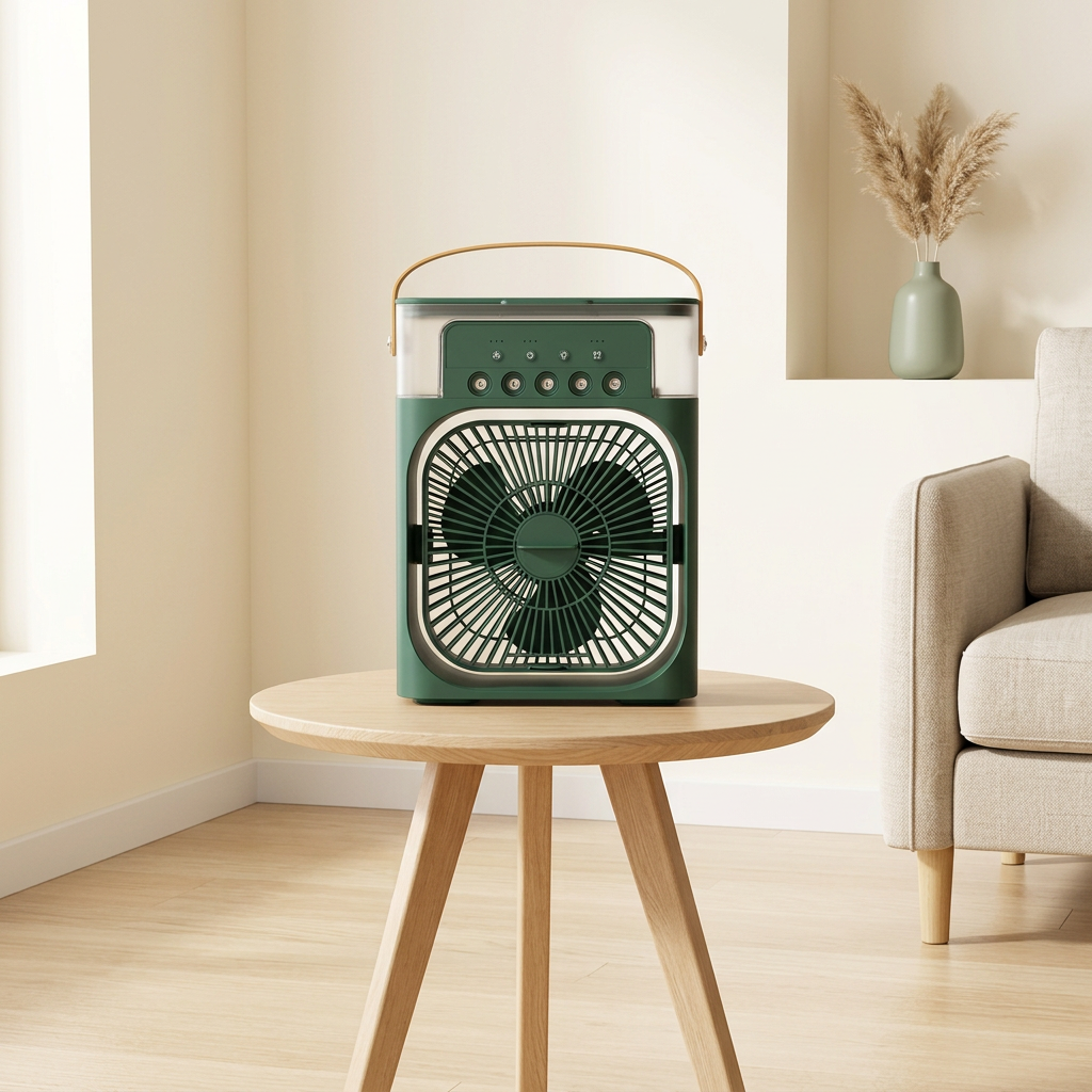 Portable air cooler on a side table in a clean room corner