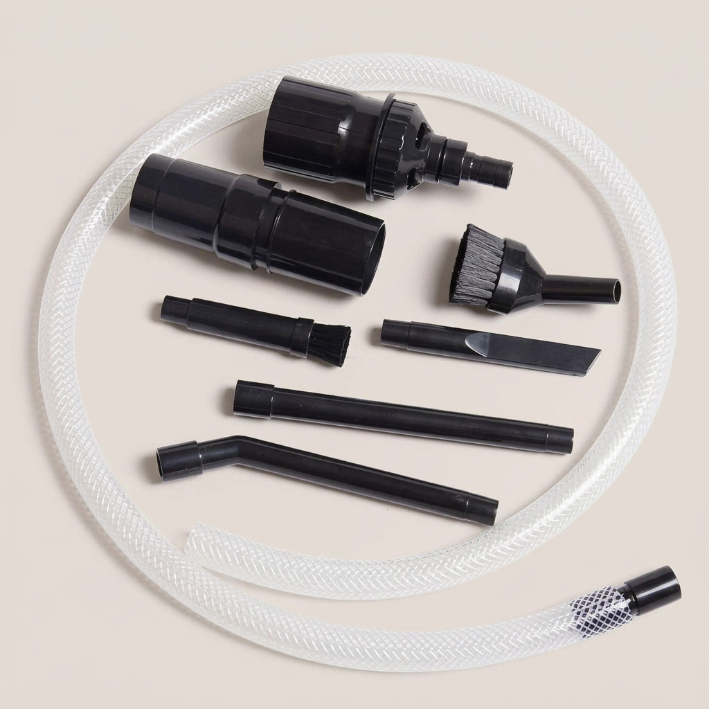 Vacuum accessory kit with a clean light-grey background